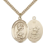 St. Christopher Navy Medal, Gold Filled, Large - 24&quot; 2.4mm Gold Plated Chain + Clasp