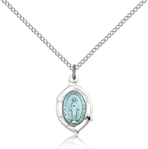 Miraculous Medal, Sterling Silver - 18&quot; 1.2mm Sterling Silver Chain + Clasp