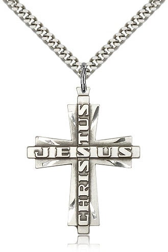 Jesus Christus Cross Pendant, Sterling Silver - 24&quot; 2.4mm Rhodium Plate Endless Chain