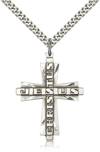 Jesus Christus Cross Pendant, Sterling Silver - 24&quot; 2.4mm Rhodium Plate Endless Chain