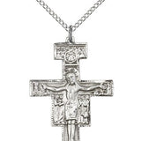 San Damiano Crucifix Pendant, Sterling Silver - 18&quot; 1.2mm Sterling Silver Chain + Clasp
