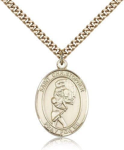 St. Christopher Softball Medal, Gold Filled, Large - 24&quot; 2.4mm Gold Plated Chain + Clasp