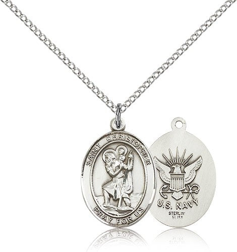 St. Christopher Navy Medal, Sterling Silver, Medium - 18&quot; 1.2mm Sterling Silver Chain + Clasp