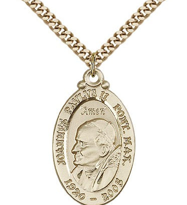Pope John Paul II Medal, Gold Filled - 24&quot; 2.4mm Gold Plated Endless Chain