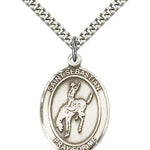 St. Sebastian Rodeo Medal, Sterling Silver, Large - 24&quot; 2.4mm Rhodium Plate Chain + Clasp