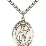 St. Sebastian Rodeo Medal, Sterling Silver, Large - 24&quot; 2.4mm Rhodium Plate Chain + Clasp