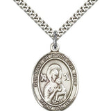 Our Lady of Perpetual Help Medal, Sterling Silver, Large - 24&quot; 2.4mm Rhodium Plate Endless Chain
