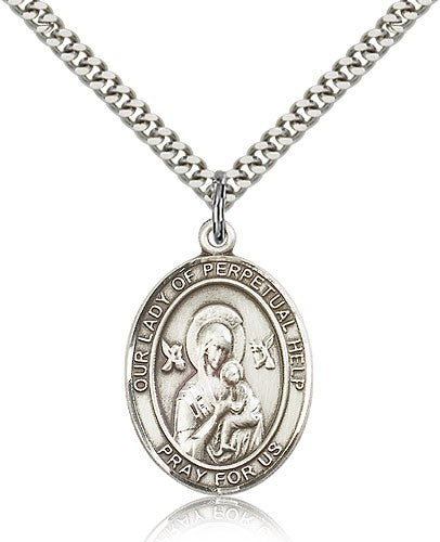 Our Lady of Perpetual Help Medal, Sterling Silver, Large - 24&quot; 2.4mm Rhodium Plate Endless Chain