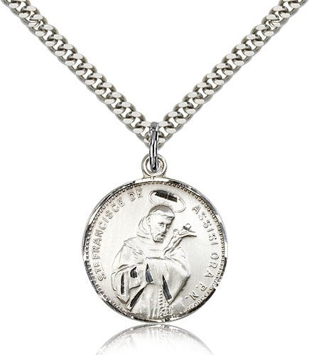 St. Francis of Assisi Medal, Sterling Silver - 24&quot; 2.4mm Rhodium Plate Endless Chain