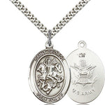 St. George Army Medal, Sterling Silver, Large - 24&quot; 2.4mm Rhodium Plate Chain + Clasp