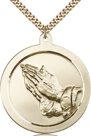 Praying Hand Medal, Gold Filled - 24&quot; 2.4mm Gold Plated Endless Chain