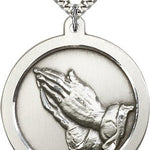 Praying Hand Medal, Sterling Silver - 24&quot; 2.4mm Rhodium Plate Endless Chain