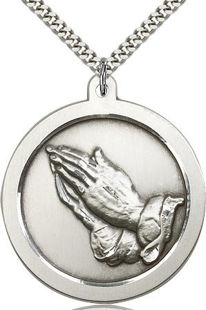 Praying Hand Medal, Sterling Silver - 24&quot; 2.4mm Rhodium Plate Endless Chain