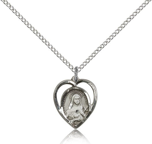 St. Theresa Medal, Sterling Silver - 18&quot; 1.2mm Sterling Silver Chain + Clasp