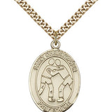 St. Christopher Wrestling Medal, Gold Filled, Large - 24&quot; 2.4mm Gold Plated Chain + Clasp