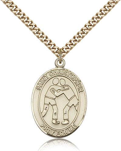 St. Christopher Wrestling Medal, Gold Filled, Large - 24&quot; 2.4mm Gold Plated Chain + Clasp