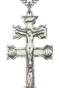 Caravaca Crucifix Pendant, Sterling Silver - 24&quot; 2.4mm Rhodium Plate Endless Chain