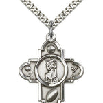 St. Christopher Sports 5-Way Medal with Hockey - 24&quot; 2.4mm Rhodium Plate Chain + Clasp