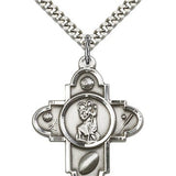 St. Christopher Sports 5-Way Medal with Hockey - 24&quot; 2.4mm Rhodium Plate Chain + Clasp