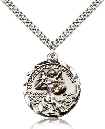 St. Christopher Medal, Sterling Silver - 24&quot; 2.4mm Rhodium Plate Endless Chain