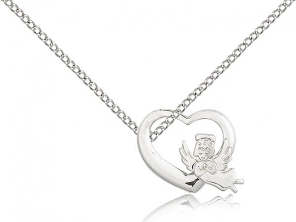 Heart Guardian Angel Medal, Sterling Silver - 18&quot; 1.2mm Sterling Silver Chain + Clasp