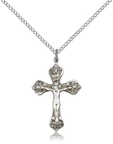 Crucifix Pendant, Sterling Silver - 18&quot; 1.2mm Sterling Silver Chain + Clasp
