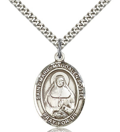 Marie Magdalen Postel Medal, Sterling Silver, Large - 24&quot; 2.4mm Rhodium Plate Chain + Clasp