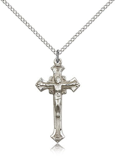 Crucifix Pendant, Sterling Silver - 18&quot; 1.2mm Sterling Silver Chain + Clasp