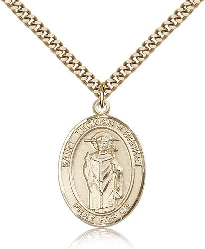 St. Thomas A Becket Medal, Gold Filled, Large - 24&quot; 2.4mm Gold Plated Chain + Clasp
