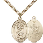 St. Christopher Army Medal, Gold Filled, Large - 24&quot; 2.4mm Gold Plated Chain + Clasp