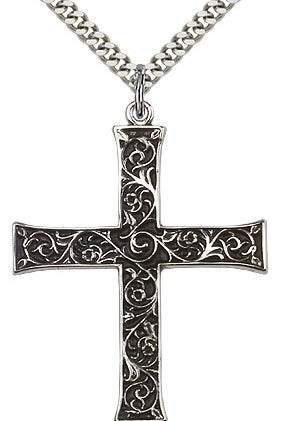 Cross Pendant, Sterling Silver - 24&quot; 2.4mm Rhodium Plate Endless Chain