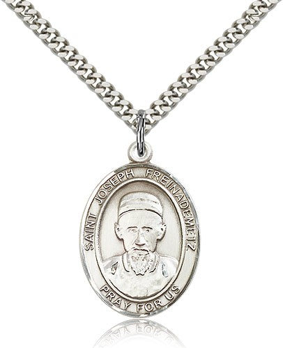 St. Joseph Freinademetz Medal, Sterling Silver, Large - 24&quot; 2.4mm Rhodium Plate Chain + Clasp
