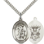 Guardian Angel Navy Medal, Sterling Silver, Large - 24&quot; 2.4mm Rhodium Plate Chain + Clasp