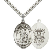 Guardian Angel Navy Medal, Sterling Silver, Large - 24&quot; 2.4mm Rhodium Plate Chain + Clasp