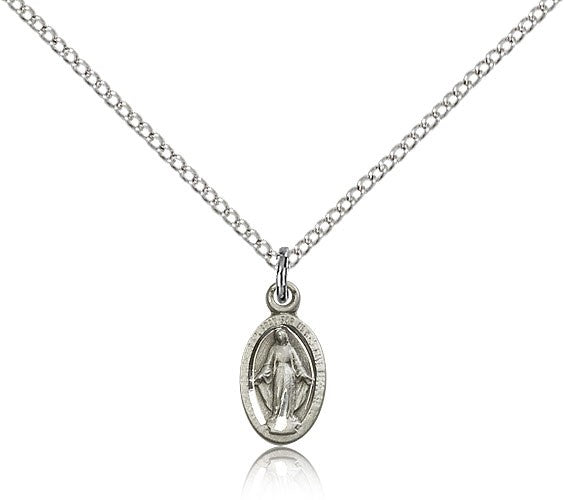Miraculous Medal, Sterling Silver - 18&quot; 1.2mm Sterling Silver Chain + Clasp