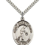 St. Christopher Basketball Medal, Sterling Silver, Large - 24&quot; 2.4mm Rhodium Plate Chain + Clasp