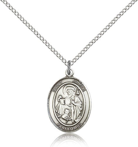 St. James the Greater Medal, Sterling Silver, Medium - 18&quot; 1.2mm Sterling Silver Chain + Clasp