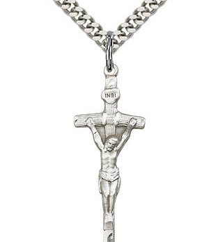 Papal Crucifix Pendant, Sterling Silver - 24&quot; 2.4mm Rhodium Plate Endless Chain
