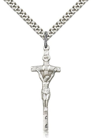 Papal Crucifix Pendant, Sterling Silver - 24&quot; 2.4mm Rhodium Plate Endless Chain