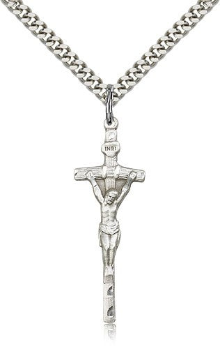 Papal Crucifix Pendant, Sterling Silver - 24&quot; 2.4mm Rhodium Plate Endless Chain