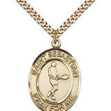St. Sebastian Tennis Medal, Gold Filled, Large - 24&quot; 2.4mm Gold Plated Chain + Clasp