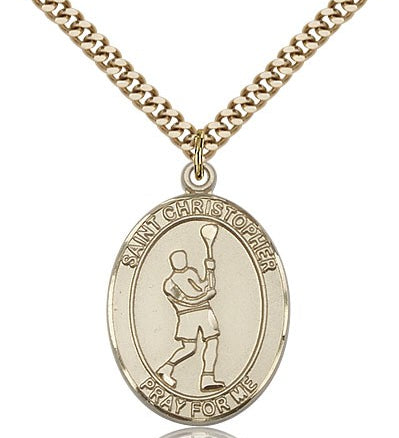 St. Christopher Lacrosse Medal, Gold Filled, Large - 24&quot; 2.4mm Gold Plated Chain + Clasp