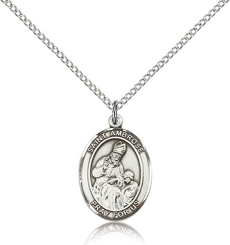 St. Ambrose Medal, Sterling Silver, Medium - 18&quot; 1.2mm Sterling Silver Chain + Clasp