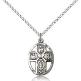 5 Way Cross Holy Spirit Medal, Sterling Silver - 18&quot; 1.2mm Sterling Silver Chain + Clasp