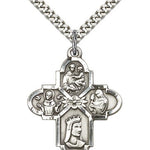 Franciscan 4 Way Cross Pendant, Sterling Silver - 24&quot; 2.4mm Rhodium Plate Endless Chain