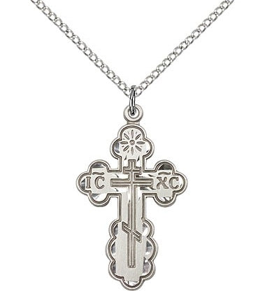 St. Olga Cross Pendant, Sterling Silver - 18&quot; 1.2mm Sterling Silver Chain + Clasp