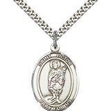 St. Victor of Marseilles Medal, Sterling Silver, Large - 24&quot; 2.4mm Rhodium Plate Chain + Clasp