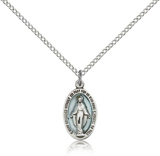 Miraculous Medal, Sterling Silver - 18&quot; 1.2mm Sterling Silver Chain + Clasp