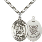 St. Michael Coast Guard Medal, Sterling Silver, Large - 24&quot; 2.4mm Rhodium Plate Chain + Clasp