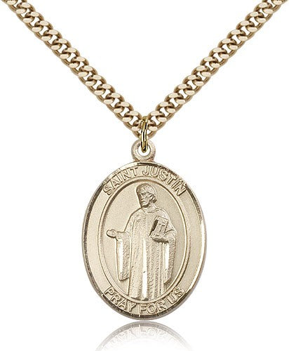 St. Justin Medal, Gold Filled, Large - 24&quot; 2.4mm Gold Plated Chain + Clasp